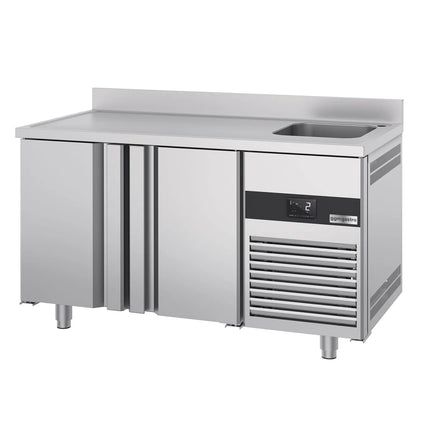 GGM Gastro Commercial Counter Fridge PREMIUM - 1430x700mm - with 2 doors - sink right - with upstand - capacity 270 litres