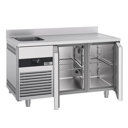 GGM Gastro Commercial Counter Fridge PREMIUM - 1430x720mm - with 2 doors - with sink left - with upstand - capacity 270 litres