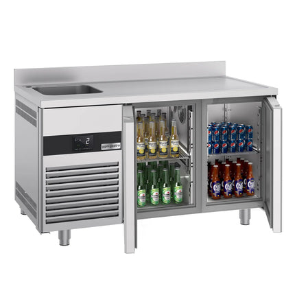 GGM Gastro Commercial Counter Fridge PREMIUM - 1430x720mm - with 2 doors - with sink left - with upstand - capacity 270 litres