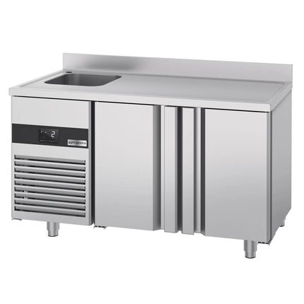 GGM Gastro Commercial Counter Fridge PREMIUM - 1430x720mm - with 2 doors - with sink left - with upstand - capacity 270 litres