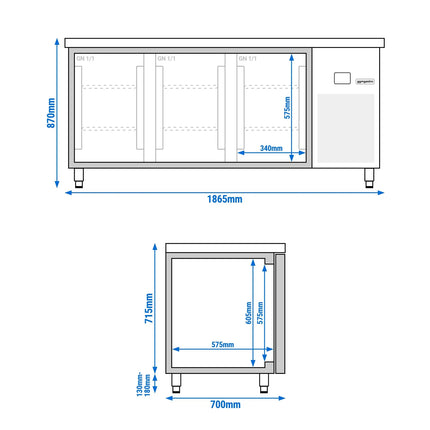 GGM Gastro Commercial Counter Fridge PREMIUM - 1865x700mm - glass doors - with 3 doors - capacity 474 litres