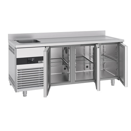 GGM Gastro Commercial Counter Fridge PREMIUM - 1900x700mm - with 3 doors - with sink left - with upstand - capacity 420 litres