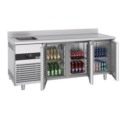 GGM Gastro Commercial Counter Fridge PREMIUM - 1900x700mm - with 3 doors - with sink left - with upstand - capacity 420 litres