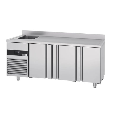 GGM Gastro Commercial Counter Fridge PREMIUM - 1900x700mm - with 3 doors - with sink left - with upstand - capacity 420 litres