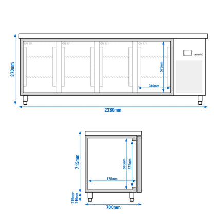 GGM Gastro Commercial Counter Fridge PREMIUM - 2330x700mm - glass doors - capacity 632 litres
