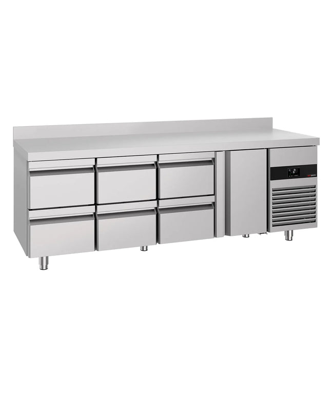 GGM Gastro Commercial Counter Fridge PREMIUM - 2330x700mm - with 1 door - 6 drawers - with upstand - capacity 632 litres