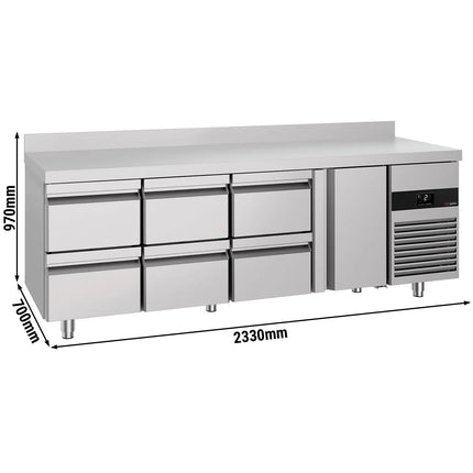 GGM Gastro Commercial Counter Fridge PREMIUM - 2330x700mm - with 1 door - 6 drawers - with upstand - capacity 632 litres
