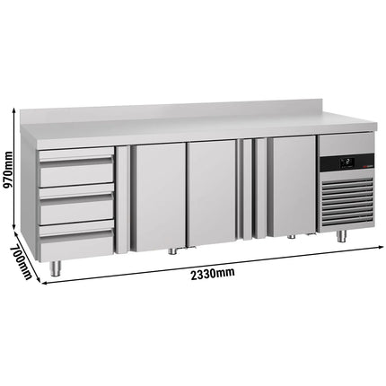 GGM Gastro Commercial Counter Fridge PREMIUM - 2330x700mm - with 3 doors - 3 drawers - with upstand - capacity 632 litres