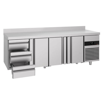 GGM Gastro Commercial Counter Fridge PREMIUM - 2330x700mm - with 3 doors - 3 drawers - with upstand - capacity 632 litres