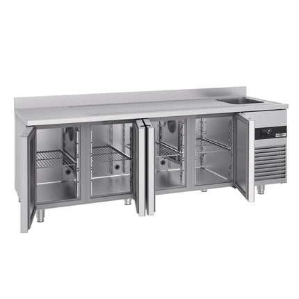 GGM Gastro Commercial Counter Fridge PREMIUM - 2360x700mm - with 4 doors - with sink right - with upstand - capacity 540 litres