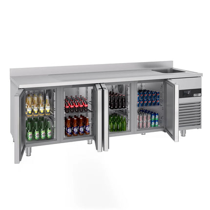 GGM Gastro Commercial Counter Fridge PREMIUM - 2360x700mm - with 4 doors - with sink right - with upstand - capacity 540 litres