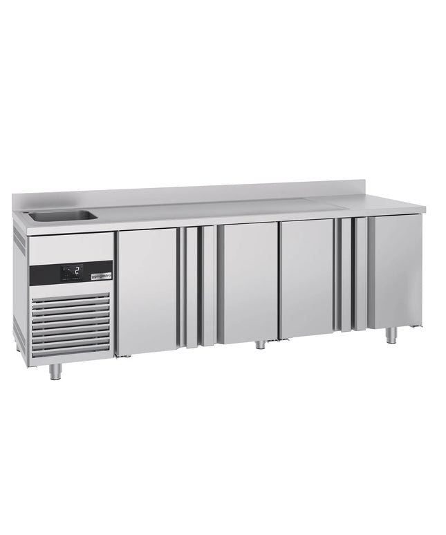 GGM Gastro Commercial Counter Fridge PREMIUM - 2360x720mm - with 4 doors - with sink left - with upstand - capacity 540 litres