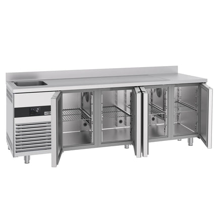 GGM Gastro Commercial Counter Fridge PREMIUM - 2360x720mm - with 4 doors - with sink left - with upstand - capacity 540 litres
