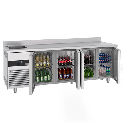 GGM Gastro Commercial Counter Fridge PREMIUM - 2360x720mm - with 4 doors - with sink left - with upstand - capacity 540 litres