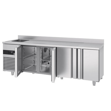 GGM Gastro Commercial Counter Fridge PREMIUM - 2360x720mm - with 4 doors - with sink left - with upstand - capacity 540 litres