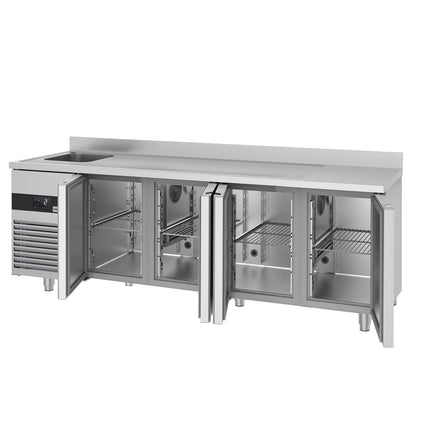 GGM Gastro Commercial Counter Fridge PREMIUM - 2360x720mm - with 4 doors - with sink left - with upstand - capacity 540 litres