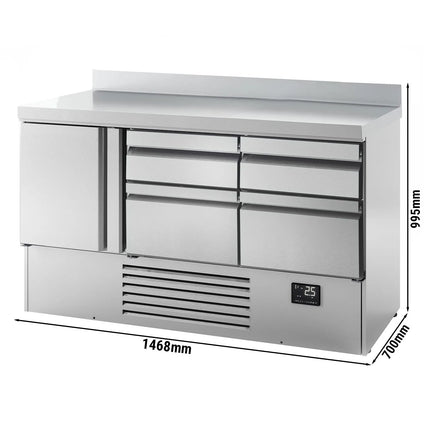 GGM Gastro Commercial Counter Fridge PREMIUM PLUS - 1460x700mm - with 1 door - 4 drawers - with upstand - capacity 355 litres