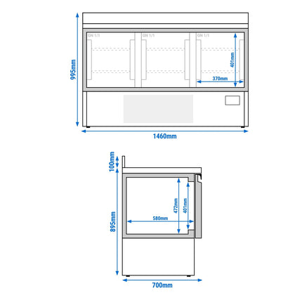 GGM Gastro Commercial Counter Fridge PREMIUM PLUS - 1460x700mm - with 3 doors - with upstand - capacity 335 litres