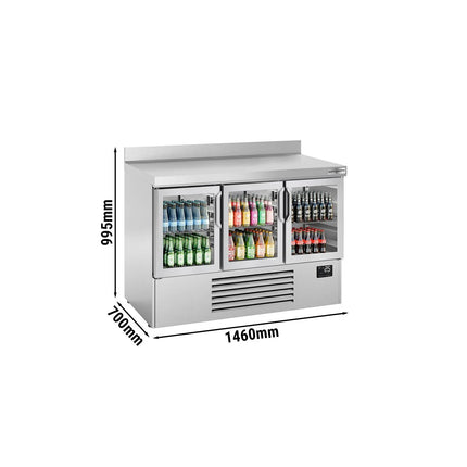 GGM Gastro Commercial Counter Fridge PREMIUM PLUS - 1460x700mm - with 3 glass doors - with upstand - capacity 335 litres