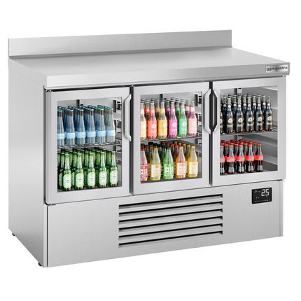 GGM Gastro Commercial Counter Fridge PREMIUM PLUS - 1460x700mm - with 3 glass doors - with upstand - capacity 335 litres