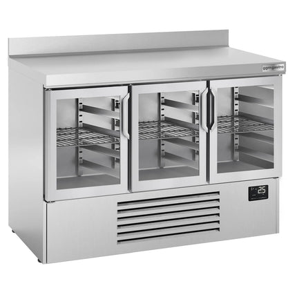 GGM Gastro Commercial Counter Fridge PREMIUM PLUS - 1460x700mm - with 3 glass doors - with upstand - capacity 335 litres
