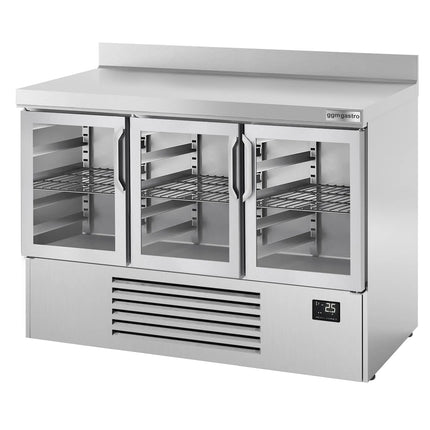GGM Gastro Commercial Counter Fridge PREMIUM PLUS - 1460x700mm - with 3 glass doors - with upstand - capacity 335 litres
