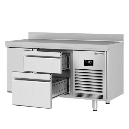 GGM Gastro Commercial Counter Fridge PREMIUM PLUS - 1468x600mm - with 1 door - 2 drawers [1/3 + 2/3] - with upstand - capacity 250 litres
