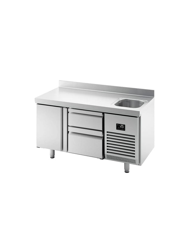 GGM Gastro Commercial Counter Fridge PREMIUM PLUS - 1468x600mm - with sink - with 1 door - with 2 drawers - with upstand