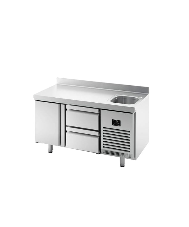 GGM Gastro Commercial Counter Fridge PREMIUM PLUS - 1468x600mm - with sink - with 1 door - 2 drawers (1/2) - with upstand