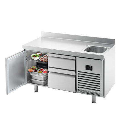 GGM Gastro Commercial Counter Fridge PREMIUM PLUS - 1468x600mm - with sink - with 1 door - with 2 drawers - with upstand