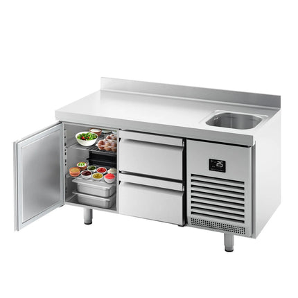 GGM Gastro Commercial Counter Fridge PREMIUM PLUS - 1468x600mm - with sink - with 1 door - 2 drawers (1/2) - with upstand