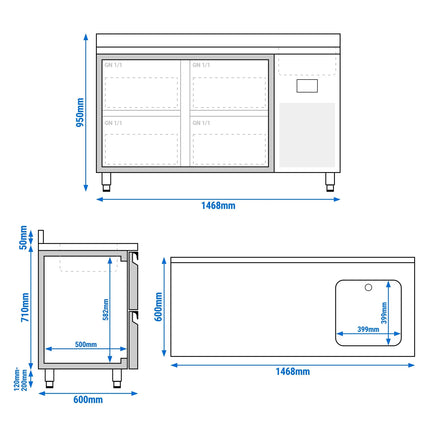 GGM Gastro Commercial Counter Fridge PREMIUM PLUS - 1468x600mm - with sink - with 4 drawers [1/2] - with upstand - capacity 250 litres