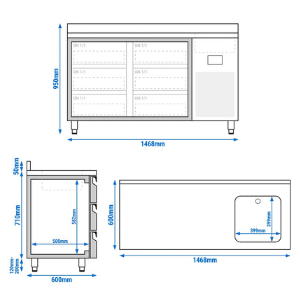 GGM Gastro Commercial Counter Fridge PREMIUM PLUS - 1468x600mm - with sink - with 6 drawers [1/3] - with upstand - capacity 250 litres
