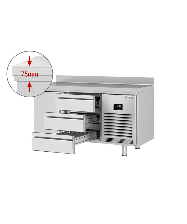 GGM Gastro Commercial Counter Fridge PREMIUM PLUS - 1468x700mm - with 1 door, 3 drawers [1/3] - with upstand - capacity 305 litres