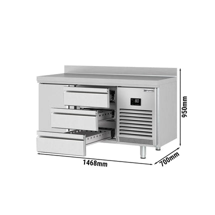 GGM Gastro Commercial Counter Fridge PREMIUM PLUS - 1468x700mm - with 1 door, 3 drawers [1/3] - with upstand - capacity 305 litres