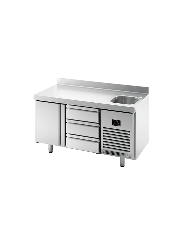 GGM Gastro Commercial Counter Fridge PREMIUM PLUS - 1468x700mm - with sink - with 1 door - with 3 drawers [1/3] - with upstand