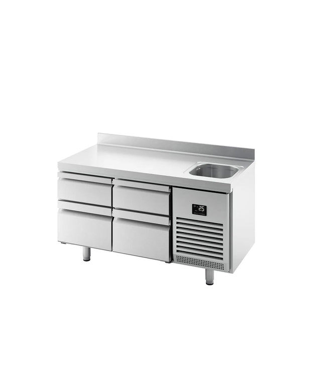 GGM Gastro Commercial Counter Fridge PREMIUM PLUS - 1468x700mm - with sink - with 4 drawers [2/3, 1/3] - with upstand - capacity 305 litres