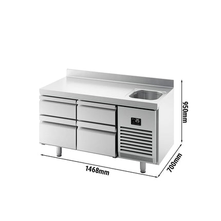 GGM Gastro Commercial Counter Fridge PREMIUM PLUS - 1468x700mm - with sink - with 4 drawers [2/3, 1/3] - with upstand - capacity 305 litres