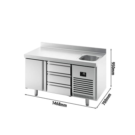 GGM Gastro Commercial Counter Fridge PREMIUM PLUS - 1468x700mm - with sink - with 1 door - with 3 drawers [1/3] - with upstand