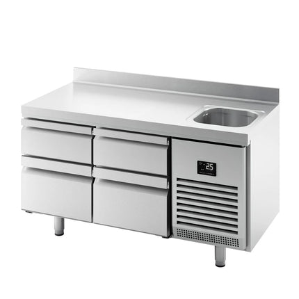 GGM Gastro Commercial Counter Fridge PREMIUM PLUS - 1468x700mm - with sink - with 4 drawers [2/3, 1/3] - with upstand - capacity 305 litres