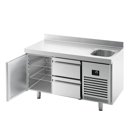 GGM Gastro Commercial Counter Fridge PREMIUM PLUS - 1468x700mm - with sink - with 1 door - 2 drawers (1/2) - with upstand