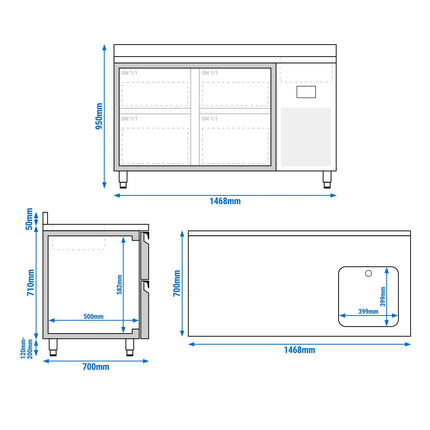 GGM Gastro Commercial Counter Fridge PREMIUM PLUS - 1468x700mm - with sink - with 4 drawers [2/3, 1/3] - with upstand - capacity 305 litres