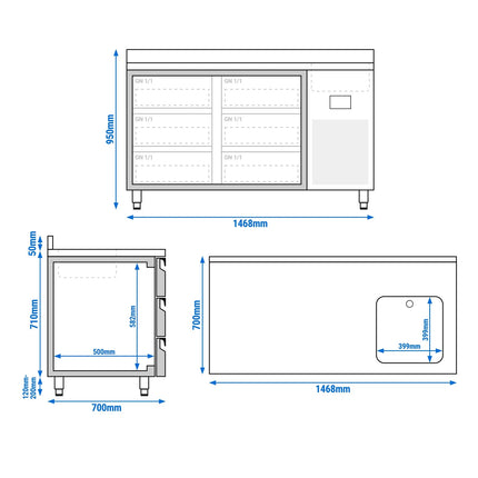 GGM Gastro Commercial Counter Fridge PREMIUM PLUS - 1468x700mm - with sink - with 6 drawers [1/3] - with upstand - capacity 305 litres