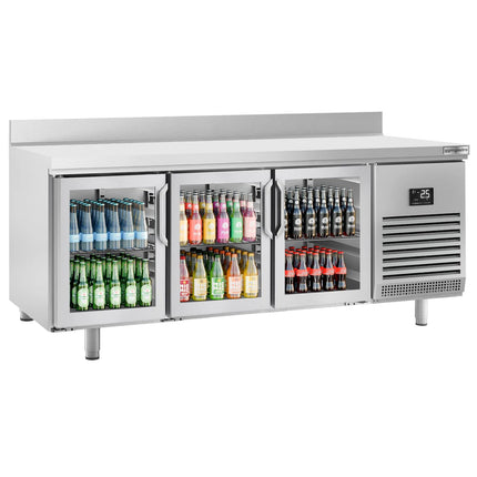 GGM Gastro Commercial Counter Fridge PREMIUM PLUS - 1960x600mm - glass doors - with upstand - capacity 385 litres - with 3 doors