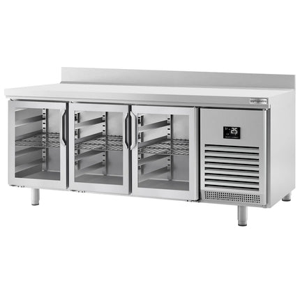 GGM Gastro Commercial Counter Fridge PREMIUM PLUS - 1960x600mm - glass doors - with upstand - capacity 385 litres - with 3 doors