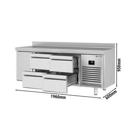 GGM Gastro Commercial Counter Fridge PREMIUM PLUS - 1960x600mm - with 1 door - 4 drawers (1/2 GN) - with upstand - capacity 385 litres