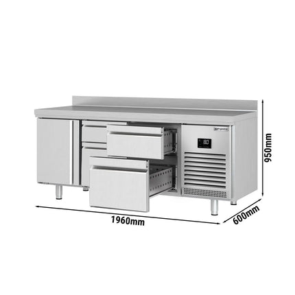 GGM Gastro Commercial Counter Fridge PREMIUM PLUS - 1960x600mm - with 1 door - 4 drawers [1/3 & 2/3] - with upstand - capacity 385 litres
