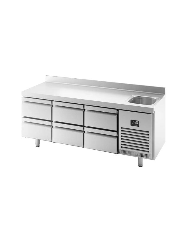 GGM Gastro Commercial Counter Fridge PREMIUM PLUS - 1960x600mm - with sink - with 6 drawers - with upstand - capacity 385 litres