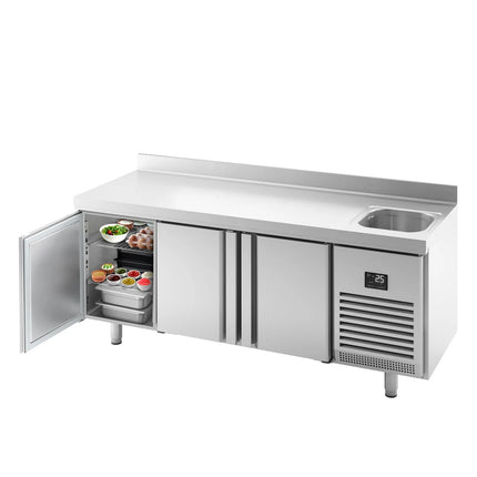 GGM Gastro Commercial Counter Fridge PREMIUM PLUS - 1960x600mm - with sink - with 3 doors - with upstand - capacity 385 litres