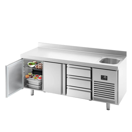 GGM Gastro Commercial Counter Fridge Premium PLUS - 1960x600mm - with sink - with 2 doors - with 3 drawers (1/3) - with upstand